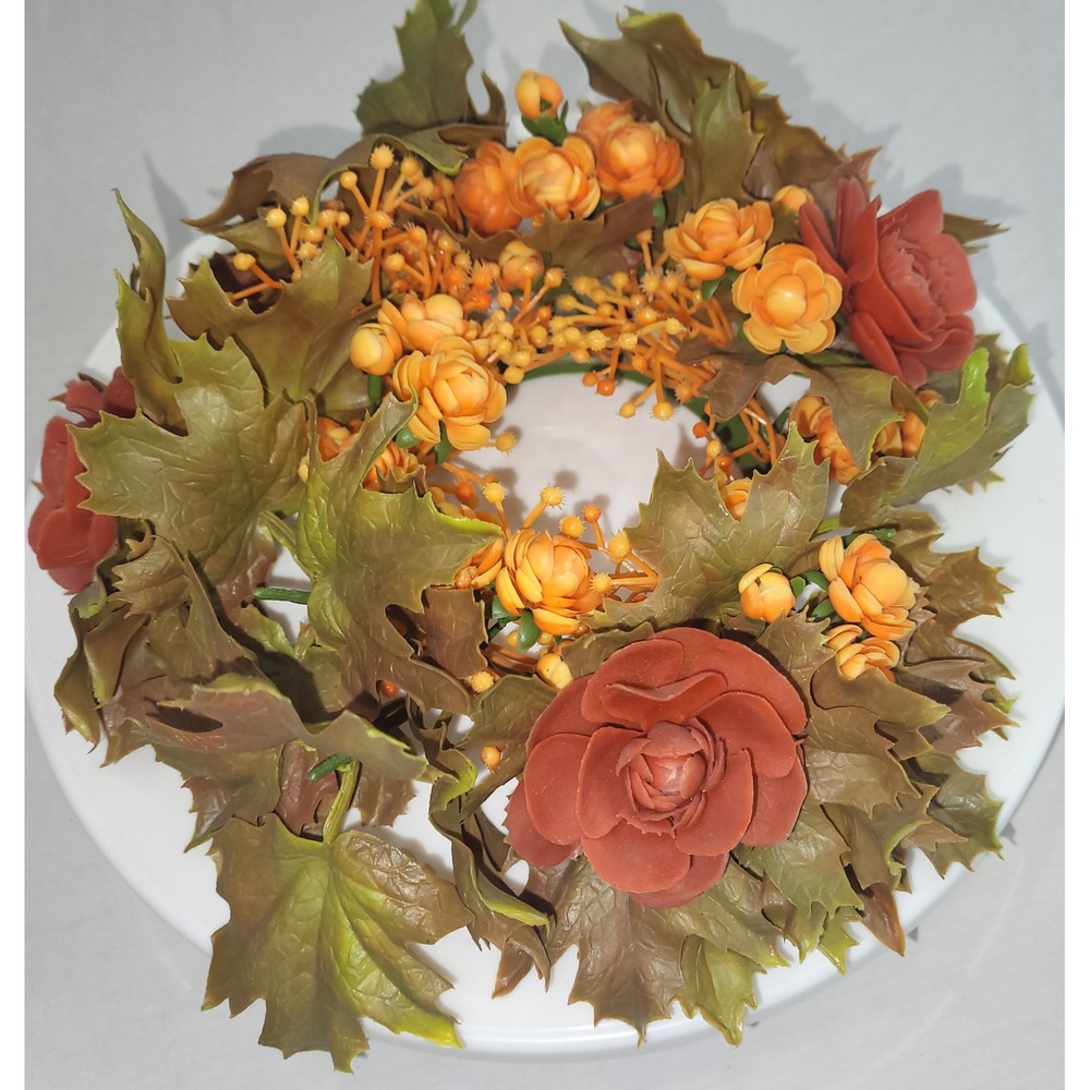 Autumn Floral Candle Ring Fall Decor Orange Brown Amber Holder Vtg Grannycore - Picture 6 of 12